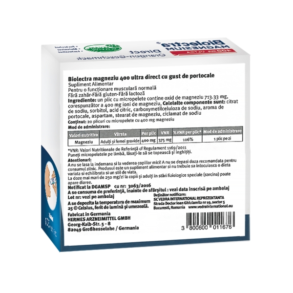 Biolectra Magnesium 400 mg Ultra, 20 plicuri, Hermes Arzneimittel