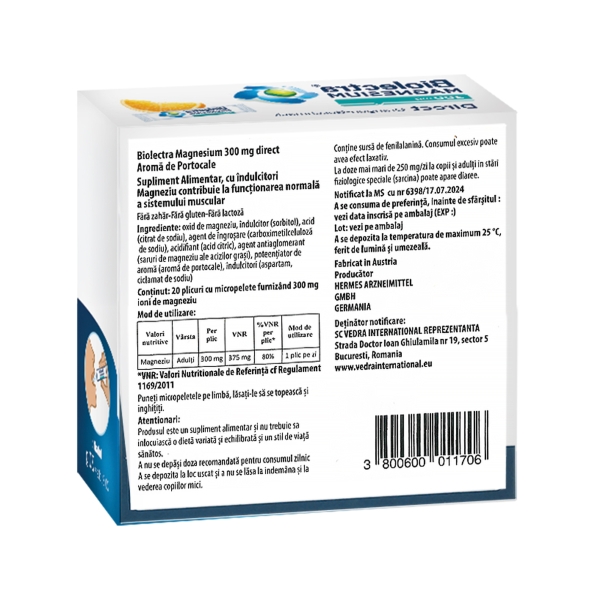 Biolectra Magneziu 300 mg Direct cu aromă de portocală, 20 plicuri, Hermes