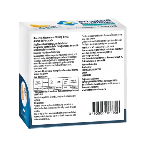 Biolectra Magneziu 300 mg Direct cu aromă de portocală, 20 plicuri, Hermes